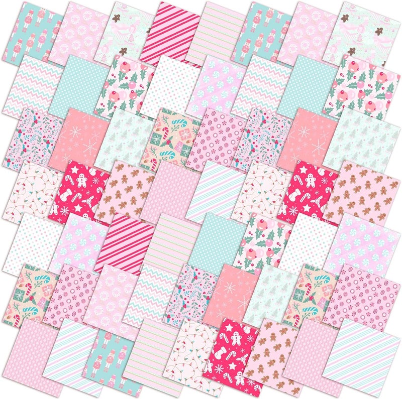 Oudain 60 Pcs 10 x 10 Inch Pastel Christmas Quilting Fabric Squares Vintage Christmas Fat Patchwork Precuts Pink Green Gingerbread Man Nutcracker Fabric Bundles for Xmas DIY Craft Sewing Handmade - Image 1